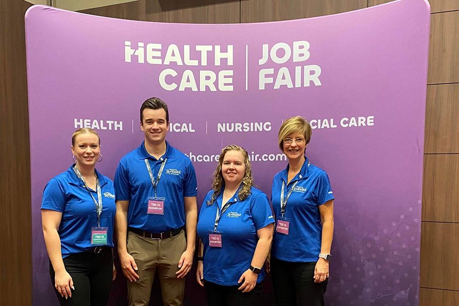 In the photo, the Vitalité Health Network recruitment team on mission in London earlier this month: Left to right: Kathy Toth, Hospital Activities Director; Jeremie McIntyre, Talent Acquisition Counsellor; Pascale Losier, Talent Acquisition Manager; and Chantal Pelletier, Regional Director of Surgical Services.